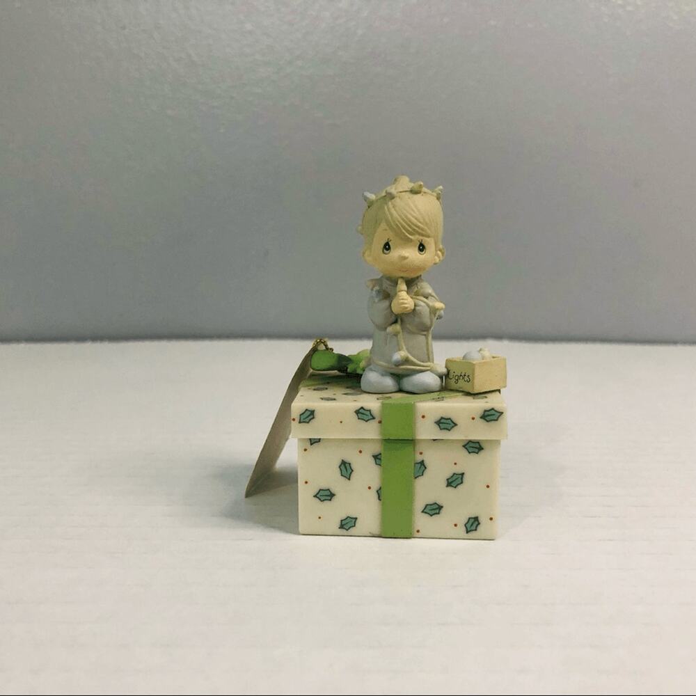precious moments miniature green holly leaf pattern christmas box lid and‎ tag